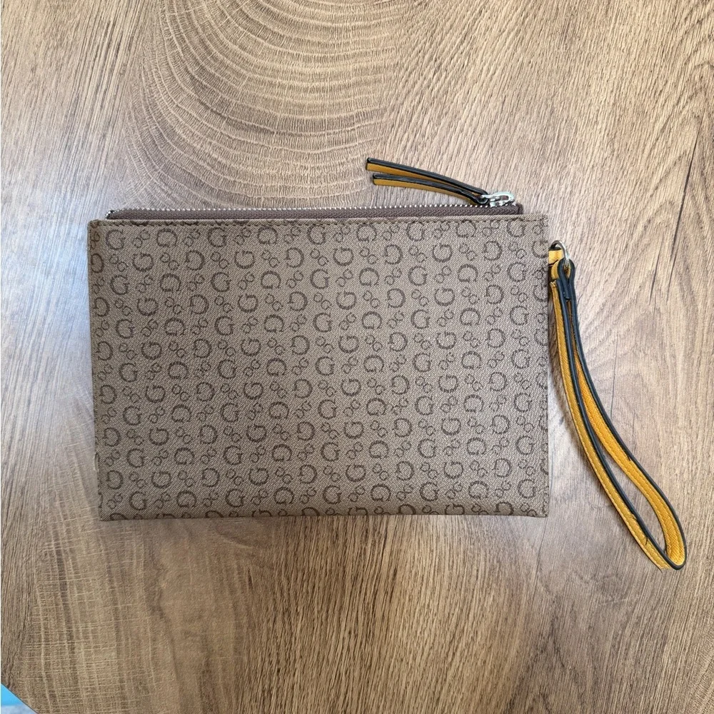 Guess Tan and Yellow Logo Large Wristlet - Picture 3 of 9